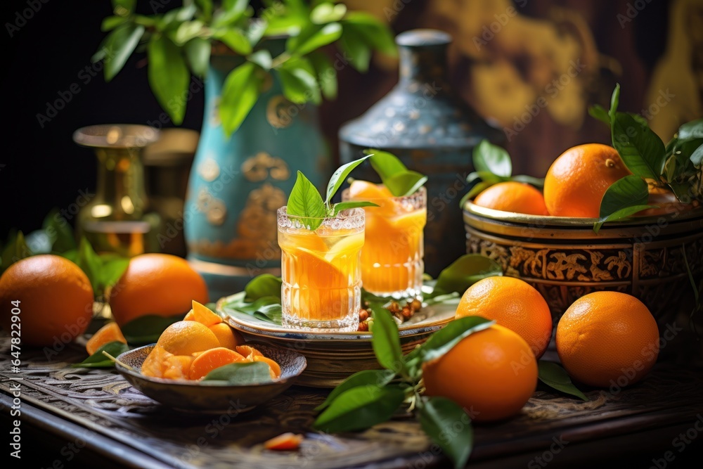 Poster a glass topped table showcasing a vibrant display of fresh oranges. ideal for food and beverage conc