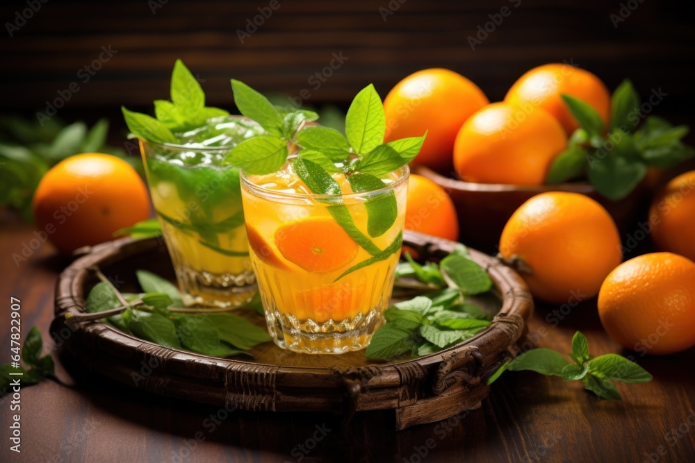 Canvas Prints a wooden tray holding two glasses of refreshing orange juice. perfect for breakfast or a summer drin