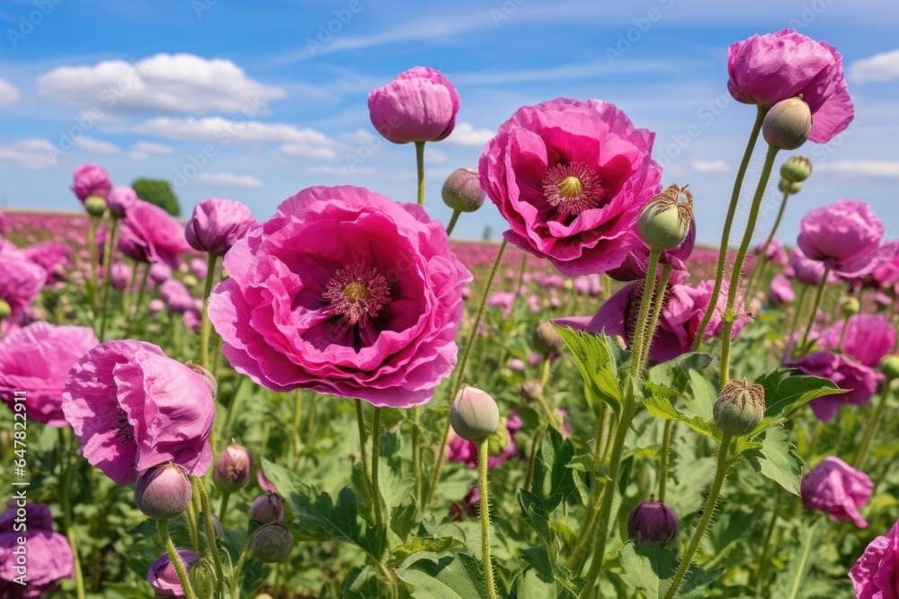 Poster a beautiful field of pink flowers with a stunning blue sky in the background. perfect for adding a t