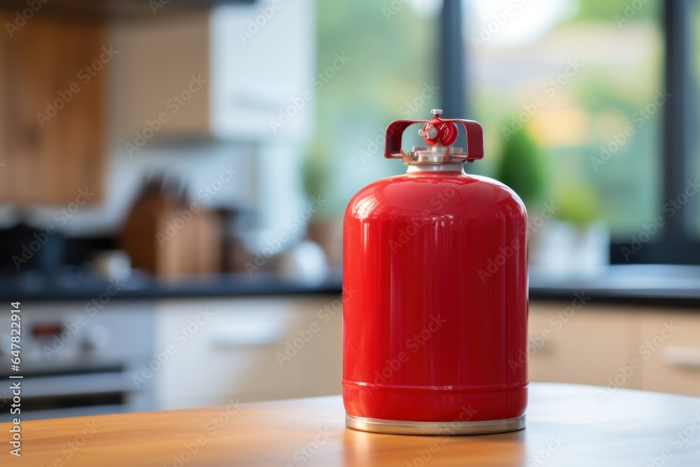 Poster a red fire extinguisher placed on top of a sturdy wooden table. this versatile image can be used to 