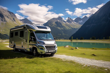Obraz premium Motorhome on the landscape with mountains and lake. Car traveling illustration. Freedom vacation travel. Caravan design concept
