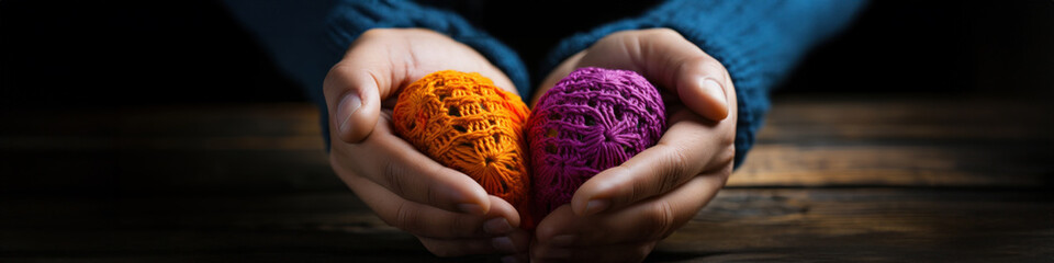 Close-Up of Person Wearing a Sweater, Holding Two Balls of Yarn Shaped Like a Heart Over an Old Wooden Table, Concept of Love and Creativity in Warm Color Scheme