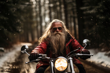 Santa Claus Riding a Chopper Motorcycle in a Snowy Forest Road, Wearing Red Jacket and Black Sunglasses