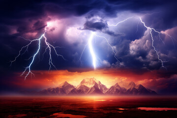 Naklejka na ściany i meble Dramatic photo of lightning in the mountains