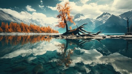 Surreal Serenity: A Lone Tree on an Isolated Island in a Calm Lake with Perfect Reflections of the Dramatic Sky, generative AI