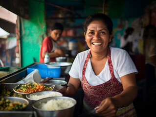 An hispanic happy and smiling woman making different Mexican street food on a selling market