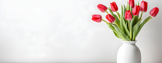 International Women's Day Concept. Spring decoration of the house with a bouquet of red tulips in a modern vase on a white background.
