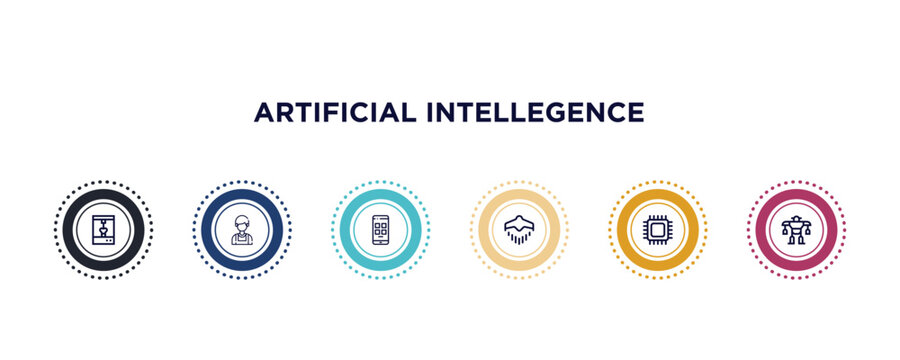 Organ Printing, Shop Assistant, Smartphone, Unmanned Aerial Vehicle, Chip, Exoskeleton Outline Icons. Editable Vector From Artificial Intellegence Concept. Infographic Template.