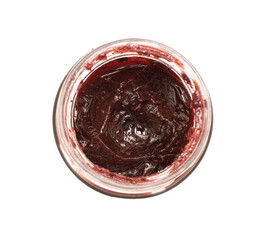 a jar of berry jam viewed from above
