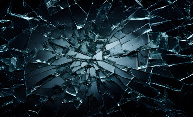 Fototapeta na wymiar Cracked glass object on black background, broken glass texture, broken glass shards on black background. 