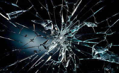 Cracked glass object on black background, broken glass texture, broken glass shards on black background. 
