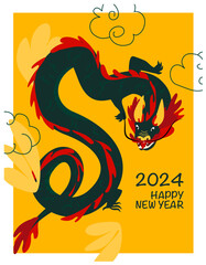 Happy Chinese New Year 2024. Vector illustration of a green wooden dragon in flat hand drawn style. Postcard or poster design template.