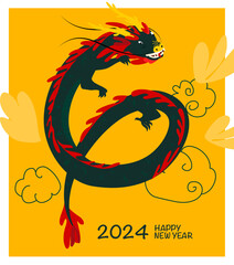 Happy Chinese New Year 2024. Vector illustration of a green wooden dragon in flat hand drawn style. Postcard or poster design template.