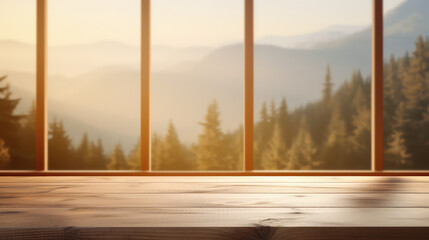 Empty wooden rustic window sill. Outside the window are trees, an autumn forest. Cozy template for displaying products. 