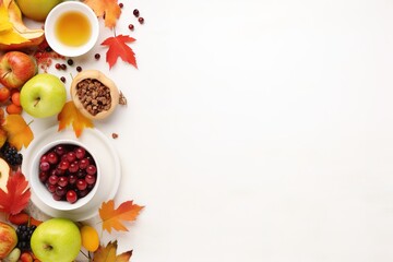 Obraz na płótnie Canvas Top view of Thanksgiving dinner background with turkey and all sides dishes, pumpkin pie, fall leaves, and seasonal autumnal decor on dinner table with copy space. Generative AI