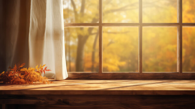Fototapeta Empty wooden rustic window sill. Outside the window are trees, an autumn forest. Cozy template for displaying products. 
