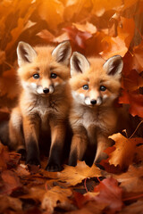 Fototapeta premium Cute baby foxes couple in fall leaves