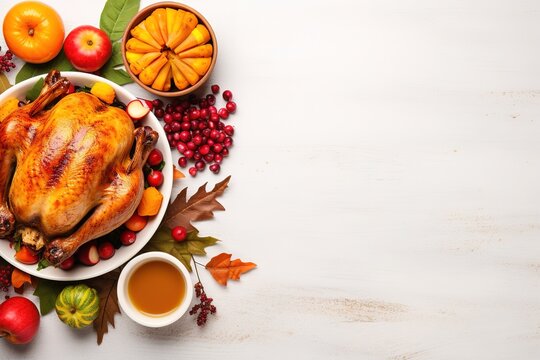 Top view of Thanksgiving dinner background with turkey and all sides dishes, pumpkin pie, fall leaves, and seasonal autumnal decor on dinner table with copy space. Generative AI
