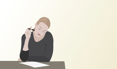 woman with pen on a desk -  sitting an exam: vector illustration. background visual