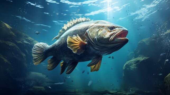 Big cod fish swims underwater on background of the ocean. Horizontal banner poster. illustration AI generated