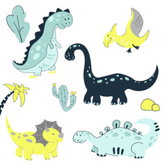 Vector illustration with cute dinosaur set.