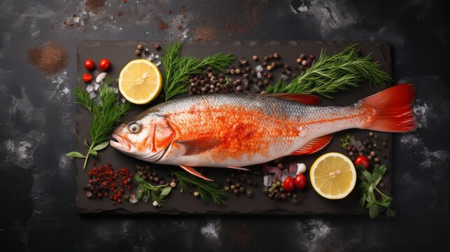 Fresh sea cod fish with spices top view. Horizontal banner poster. Food texture photo AI generated
