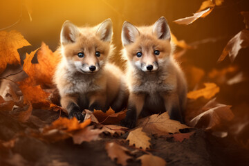 Fototapeta na wymiar Cute baby foxes couple in fall leaves