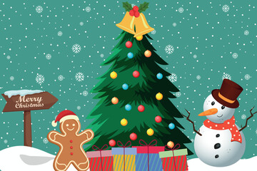 Christmas Card with snow man Christmas tree and Gingerbread. Trendy retro cartoon style. Happy New year greeting card, poster, template, print, party invitation, background.