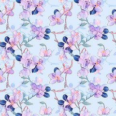 Orchid blossoms, Seamless watercolor floral patterns, with flowers and foliage. Japanese abstract style. Use for wallpapers, backgrounds, packaging design, or web design.