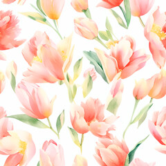 Tulip blossoms, Seamless watercolor floral patterns, with flowers and foliage. Japanese abstract style. Use for wallpapers, backgrounds, packaging design, or web design.