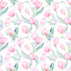 Tulip blossoms, Seamless watercolor floral patterns, with flowers and foliage. Japanese abstract style. Use for wallpapers, backgrounds, packaging design, or web design.
