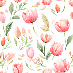 Tulip blossoms, Seamless watercolor floral patterns, with flowers and foliage. Japanese abstract style. Use for wallpapers, backgrounds, packaging design, or web design.
