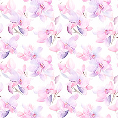 Pink orchid, Seamless watercolor floral patterns, with flowers and foliage. Japanese abstract style. Use for wallpapers, backgrounds, packaging design, or web design.