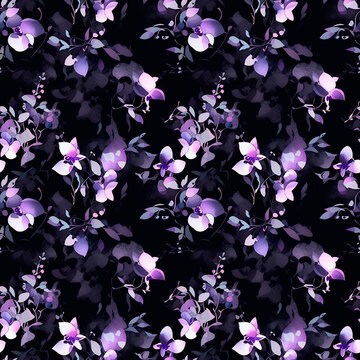 Black orchids, Seamless watercolor floral patterns, with flowers and foliage. Japanese abstract style. Use for wallpapers, backgrounds, packaging design, or web design.