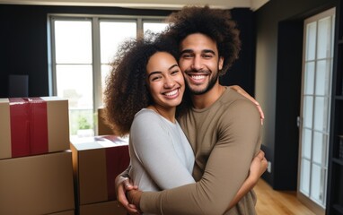 Obraz premium Young man and woman apartment buyers celebrating relocation, removal, mortgage, new house purchase concept. Generative AI