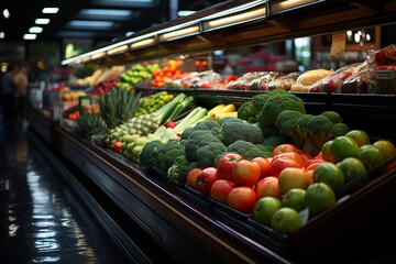 supermarket rows with products background,food store