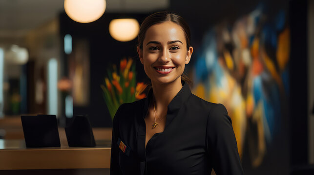 Young smiling woman pleasant looking hotel receptionist standing in her desk in reception stand. 