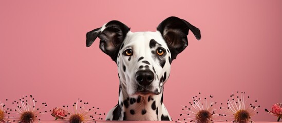 Dalmatian wearing bunny ears indoors on a pink wallpaper background with butterflies
