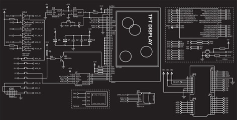 Vector electrical schematic diagram for displaying graphic and text information on a tft display 
and terminal. Arduino schematic project. Electronic circuit board with components  - obrazy, fototapety, plakaty