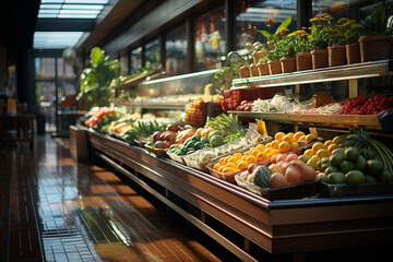 supermarket rows with products background,food store