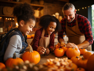 A Photo of a Family of Different Races and Ages Carving Pumpkins Together