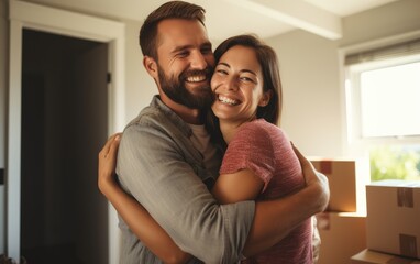 Fototapeta premium Young man and woman apartment buyers celebrating relocation, removal, mortgage, new house purchase concept. Generative AI