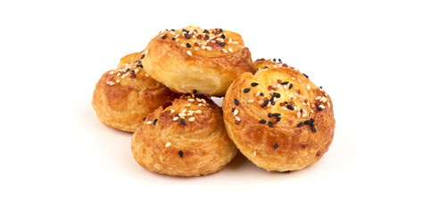 Fresh homemade buns with cottage cheese, close-up, isolated on white background.