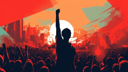 Activism concept illustration. A person with a fist raised silhouette, crowd of people protesting in the background.