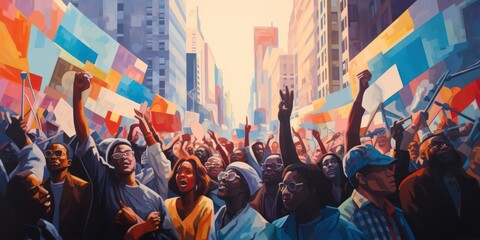 Political activism and protest illustration. Crowd of African Americans protesting in New York City.