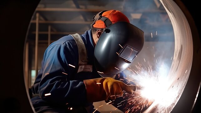 Welder wearing an orange cap and welding a flange on a large-diameter steel pipe, sparks flying around. 