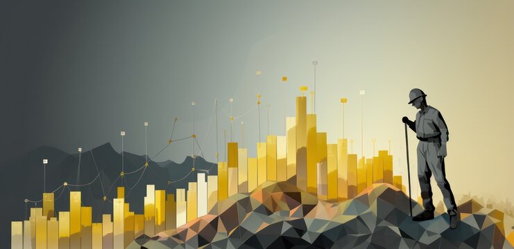 Investing and value creation in mining industry concept. Geologist working for an exploration company looking for a natural resource, bar chart in the background.