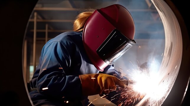 A female welder wearing a dark red helmet and welding on a steel pipe, sparks flying around. 