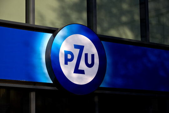 Signboard, logo of the insurance company PZU, Warsaw, Poland, September 10, 2023. 