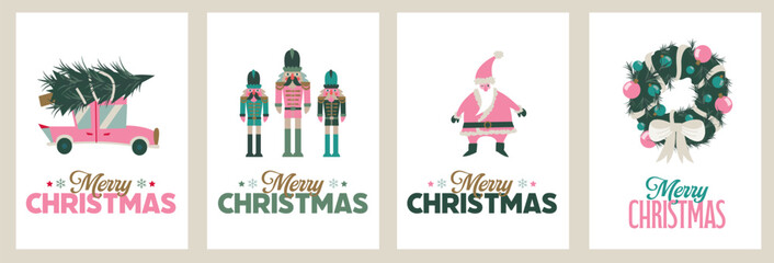 Fototapeta na wymiar 4 greeting cards, Wish cards for christmas. Bundle icons illustrations Xmas, Santa, christmas tree, car ni a vector style., celebration